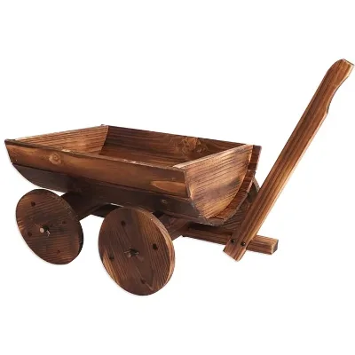 Rustic Wooden Wagon Wheelbarrow Planter Outdoor Garden Flower Pot Cart for Backyard Patio Decor