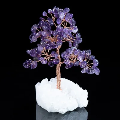 Handmade Healing Chakra Crystal Tree Natural Amethyst Tree Copper Wrapped with Row Clear Quartz Cluster Base Gemstone Tree