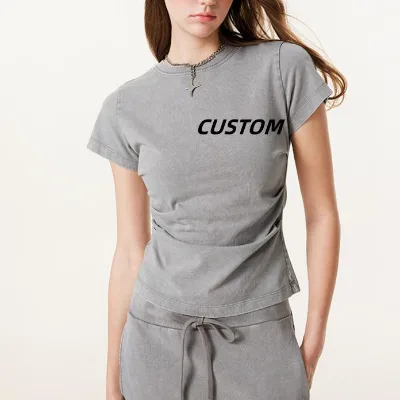 285gsm 100%cotton Pleated Cinched Waist Design Slimming Y2k Straight-shoulder Washed Short-sleeved Womens Cotton Tshirts Custom