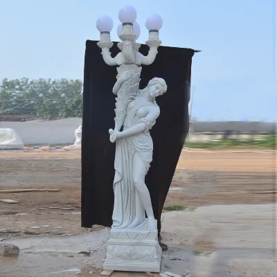 Modern Design Beautiful Woman Polished Surface Natural Carved White Marble Human Statue with Lamp