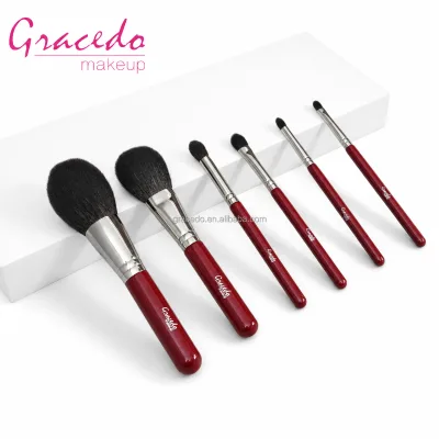 Gracedo Luxury Mini Goat Hair Makeup Brush Set Soft Bristles Wooden Ferrules Burgundy Shimmer Handles Includes Shaving Brush