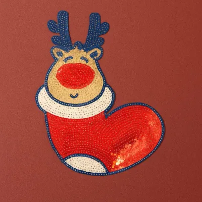 Funny Santa and Reindeer Patch Sequin Iron On for Jacket or Vest