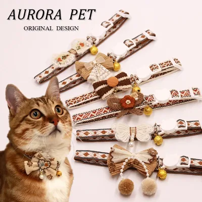 Cross-border Pet Wholesale Cartoon Polyester Brown Bow Tie Collar Hanging Beads Lace Bell; cat Necklace Anti-strangulation