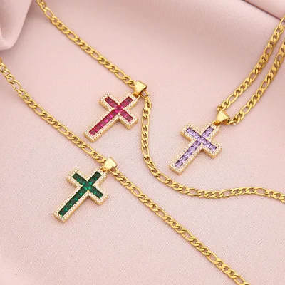 Hip Hop Cuban Chain Cross Necklace Women Jewelry 18K Gold Plated Colorful Crystal Zircon Cross Pendant Necklace