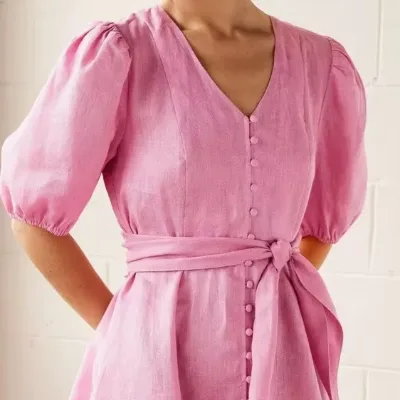 Women's Bubble Sleeve High-Waisted A-Line Skirt with Tie Sweet Romantic A-Line Dress Dress