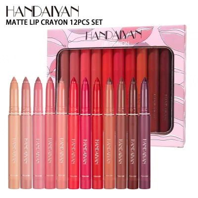 Factory Direct Sale HANDAIYAN Velvet Lip Crayon 12pcs Set Waterproof Matte Lip Liner With Sharpener OEM