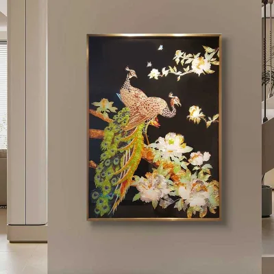 Home Decor Framed Peacocks and Flowers Artwork Luxury Tempered Glass Painting 3D Peacock Wall Art