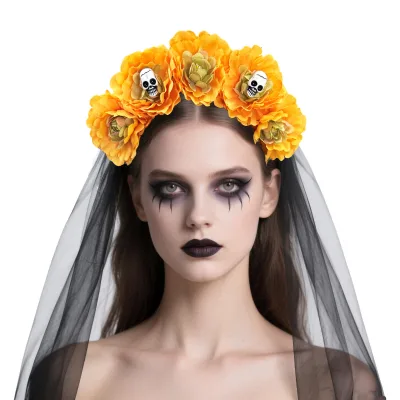 Halloween Long Ribbon Veil Floral Hair Band Girls Day of the Dead Red Rose Flowers Headdress Party Cosplay Gothic Head Hoop