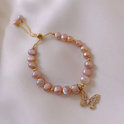 Adjustable Elegant  Purple Freshwater Pearl Micro Zirconia Butterfly Bracelet for Women Simple Fine Jewelry Bracelet