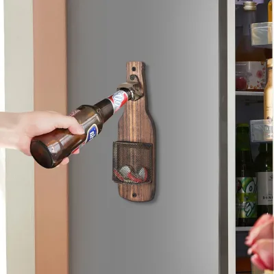 Custom Wall Mounted Wooden Beer Bottle Opener OEM ODM Engraved Logo Bottle Shape Wood Opener With Cap Catcher Mesh Basket
