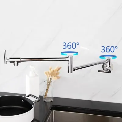 Rotating Wall-Mounted Brass Kitchen Faucet Pot Filler Single Handle Ceramic Valve Core Single Hole Installation Pull-Out Spray