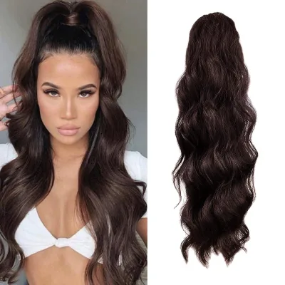 24 Inch Long Body Wave Ponytail Hair Extension Synthetic Heat Resistant Wrap Around Drawstring Curly Wavy Ponytail Hairpieces