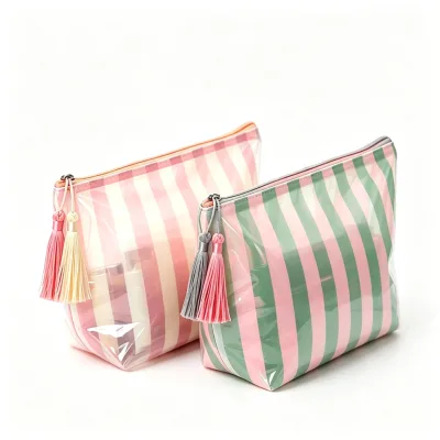 Custom Color Block Stripe Cosmetic Bag, Beach Makeup Pouch with Tassel Zipper,Waterproof PVC Travel Toiletry Bag
