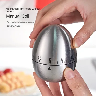 Cross Border Stainless Steel Egg Shaped Kitchen Timer Mechanical Countdown Adjustable up to 1 Hour No Battery Required Gadget