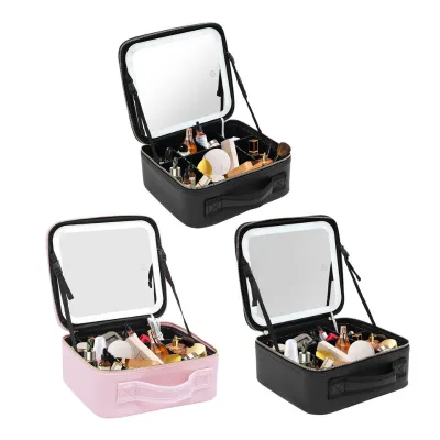 Travel Cosmetic Organizer Makeup Train Soft Case with Mirror LED Lamp Makeup Bag