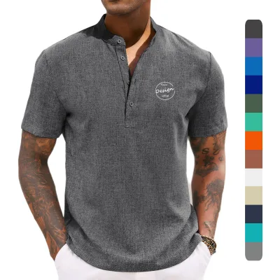 Wholesale Custom Embroidery Logo Street Style Anti-wrinkle Slim Fit Comfortable Short Sleeve Henley Shirts for Men