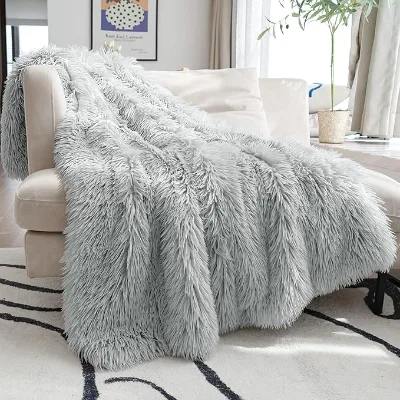 Luxury Reversible Fluffy Faux Fur Throw Blanket Soft Lightweight Cozy Accent for Couch Sofa Chair Warm Shaggy Furry