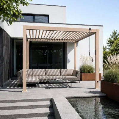 Manual Crank Wood Grain Finish Aluminum Louvre Pavilion Rustproof Thermal Wood Grain Residential Courtyard Canopy