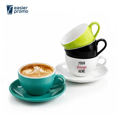 Custom Logo Print Ceramic Latte Cup and Saucer 250ml for Cafe Coffee Shop