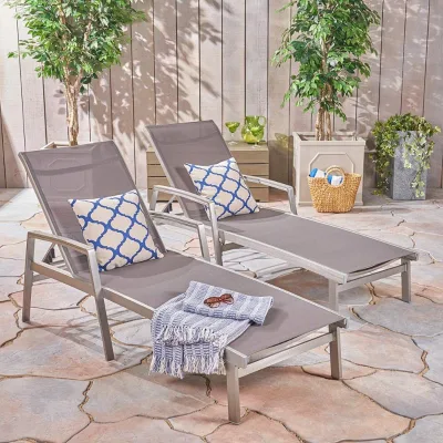 Best Selling Outdoor Modern High Used Brushed Aluminum Chaise Lounge with Brown Mesh Sling Garden Partio Beach Deck Sun Lounge