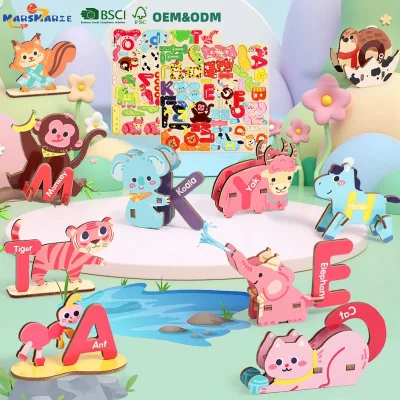 New Wooden Cute Cartoon Design Slot&peg Assembly 26 English Letter Words 3D Animal Alphabet DIY Interlocking Puzzle Toy for Kids