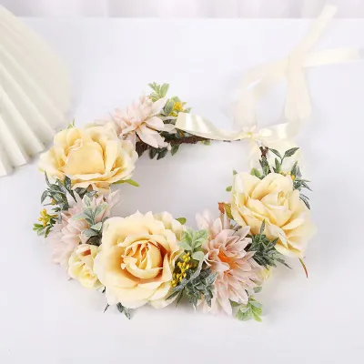 Floral Garland Crown Hair Wreath Flower Headband Halo Floral Headpiece Boho with Ribbon Wedding Party