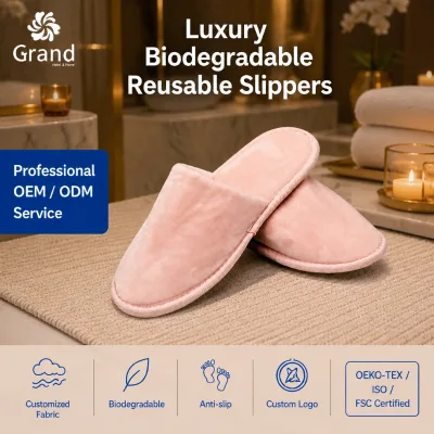 Customized Color GRAND Brand Cotton Velour Comfortable Hotel Slipper Personalized Grey Black Luxury Disposable Guest Amenities