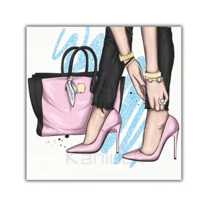 "Pink Handbag and Heels : Modern Fashion Embellished Canvas Art With Rhinestones for Living Room