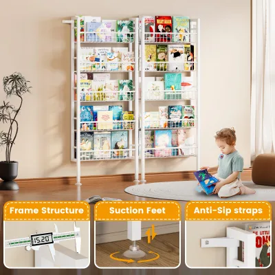 Modern Wall-Mounted 5-Tier Carbon Steel Children's Bookshelf Storage Organizer for Living Room-Portable & Durable