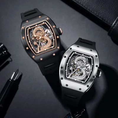 Custom Brand Logo Available Low MOQ Men Tonneau Skeleton Watch 3D Embossed Dragon Automatic Mechanical Watch Silicone Strap