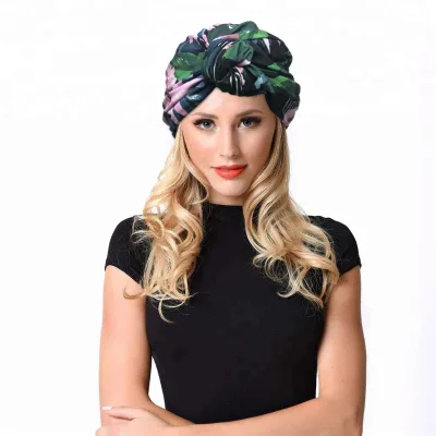 Turban Towel Floral Print Turban Cap Women Double Layer Knot Headwrap Muslim Hair Cover Fashion Head Scarf
