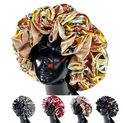 Wholesale Custom Sleeping Hair Cap Large Reversible Double Layer Silky Touch Feeling Nightcap Bohemia Print Satin Lined Bonnet