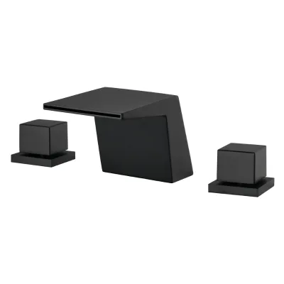 Angled Tower Waterfall Matte Black Bathroom Faucet 3 Hole Dual Cube Handle Widespread Deck Mount Basin Faucet
