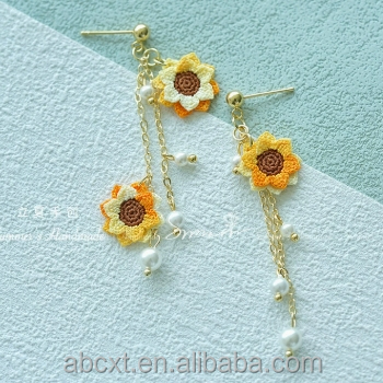 Handmade Knit  Fashion Jewelry Lace Micro Hook Sunflower Earrings Handmade Yarn Crochet Earrings