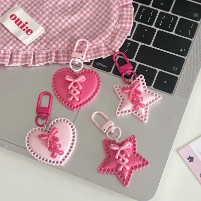 Star&Heart PVC Plastic Keychain with Ribbon Bow Lightweight Sweet Girly Pendant Cute Best Friend Gift Accessories