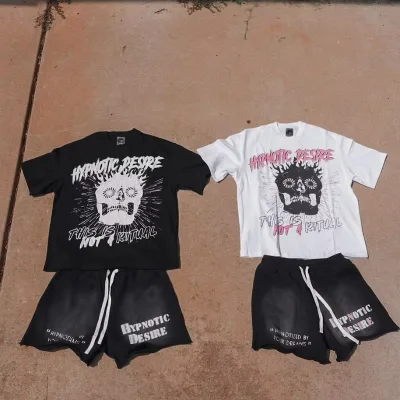 Custom Logo Screen Print Mens High Street Print Tees T Shirt Trendy Short Sleeve Cotton Tracksuit Short Sets for Men