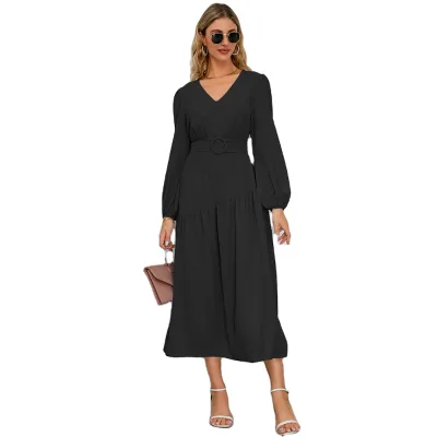 New Popular Women's Spring and Autumn V-neck Waistband Solid Color Lace up Dress Solid Color Slim Fit Long Skirt