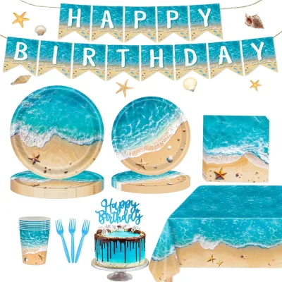 Beach Party Ocean Themed Hawaiian Birthday Pool Supplies Paper 60-80 Pcs Plates Napkins Cups Cake Topper Banner Tablecloth