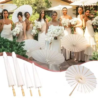 Wedding Paper Umbrellas Chinese Wooden Handle White DIY Rustic Photography Props for Baby Shower Party Wedding Gifts