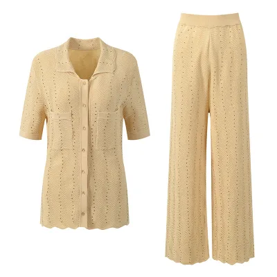 Women's Clothing Rhinestone Decoration Sweater Wavy Edge Turndown Collar Short Sleeve Cardigan and Knit Straight Long Pants Set