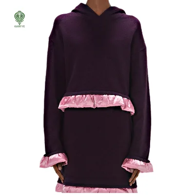 Wholesale Custom logo Oem & Odm Cute Sweater 100% Merino Wool Knit Hoodies Skirts with Ruffle Two Piece Women's Sweater Set