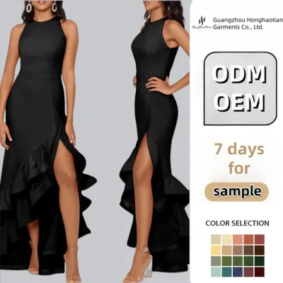 ODM OEM Custom High Quality Elegant Sleeveless Ruffle Tier Crepe Dress Formal Luxury Evening Women Dress