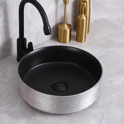 Silver Black Fancy Round Shape Above Counter Electroplate Porcelain Handmade Wash Basin Ceramic Wash Basins Bathroom Sink