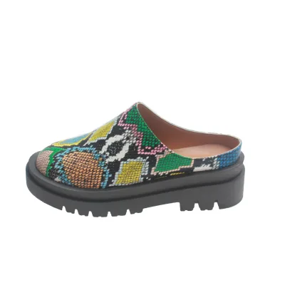 Summer Non-slip 5.5cm Flat Platform Half Slippers Women Round Toe Green Snake Shoes Breathable Slides Big Size 43