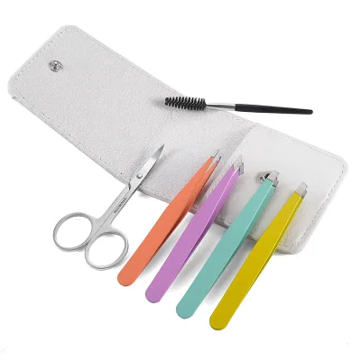 6pcs Eyebrow Grooming Set Stainless Steel Slanted Flat Sharp Pointed Tip Hooked Eyelash Tweezers Facial Hair Removal Eyebrow