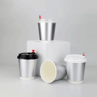 Wholesale 90mm Neck Silver Paper Cup Disposable Coffee Milk Tea Cup Kraft Silver Paper Double Layer 8oz Cup