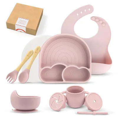 Silicone Feeding Set Toddler Plates Bib Spoon Fork with Suction Utensils Toddlers Baby-Led Boys Girls Eating Supplies