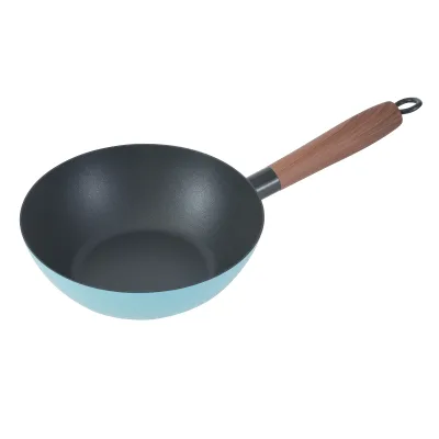 28cm Carbon Steel Wok with Non-Stick Coating Heavy Gauge Korean Style Home Cooking Wok with Soft Touch Handle