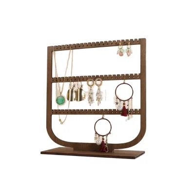 Walnut 3-Tier Jewelry Display Holder Wooden Hanging Organizer With Earings & Necklace Storage Shelves Wall Display Shelves Sale