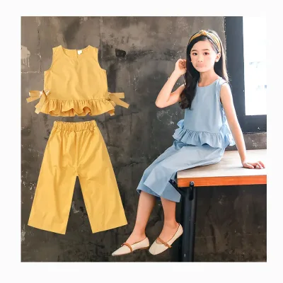 Wholesale Girls' Ruffled Top and Wide Leg Pants Set Little Girls Summer Sets Fashion Girls Set